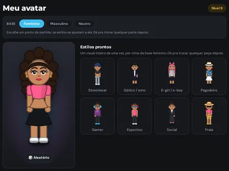 Editor de avatar do TaunT com estilos prontos como streetwear, pagodeiro e gamer